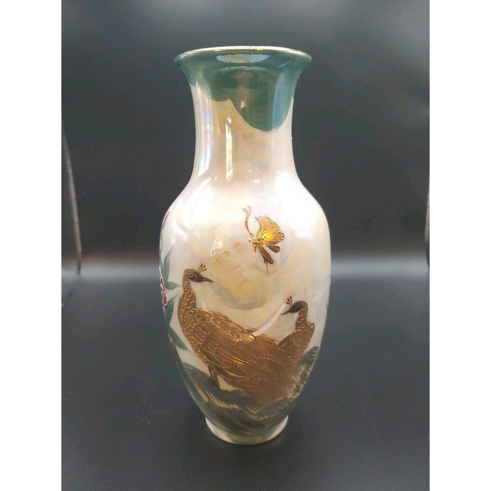 VTG Kutani Ware Hand Painted Porcelain Vase Peacocks In 24 Karat‎ Gold